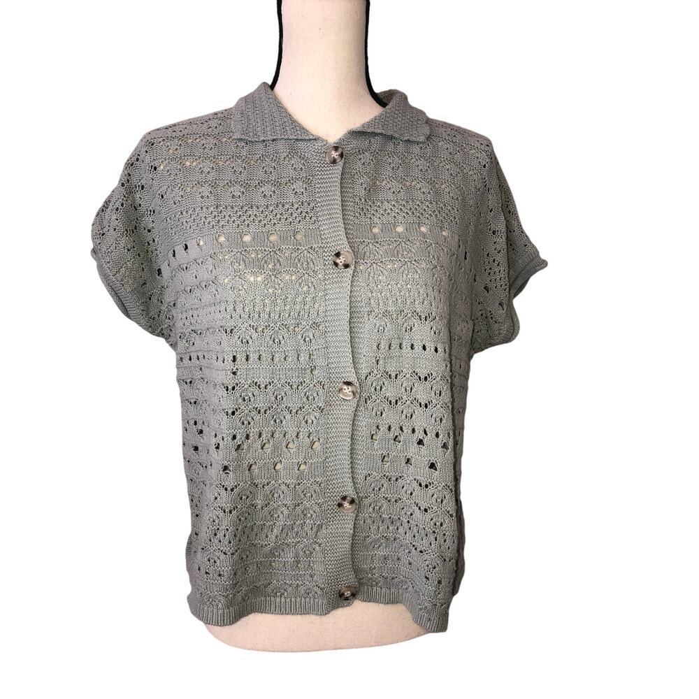 Crochet Sweater Size L Green Short Sleeve Collar Button Front Cottagecore Cotton